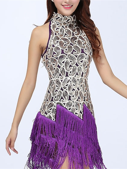 Latin Dance Dress Fringed Tassel Splicing Paillette Women‘s Training Performance Sleeveless