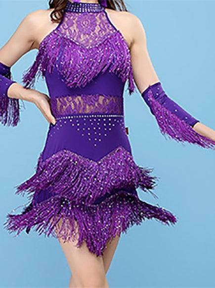 Latin Dance Dress Lace Fringed Tassel Split Joint Women‘s Training Performance Sleeveless