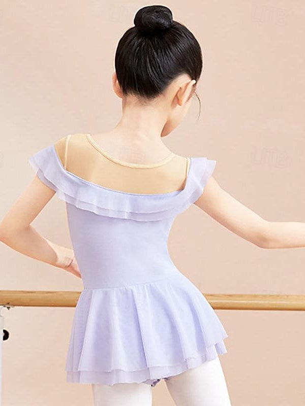 Kids' Dancewear Bowknot Ruffles Pure Color Short Sleeve Cotton Blend Girls' Performance