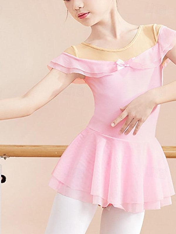 Kids' Dancewear Bowknot Ruffles Pure Color Short Sleeve Cotton Blend Girls' Performance