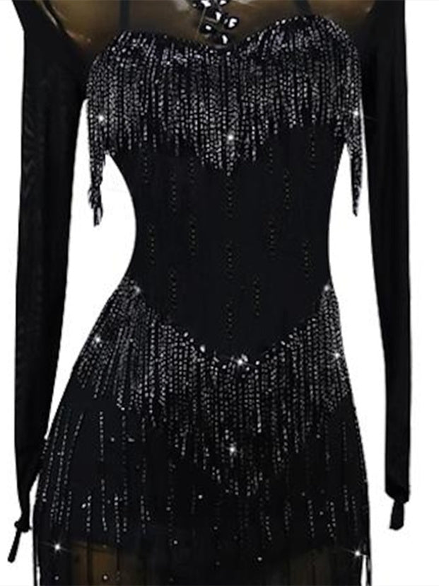 Women's Dancewear Latin Dance Dress Rhinestone Tassel Women's Performance Training Long Sleeve, XS / Black
