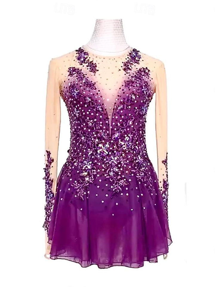 Figure Skating Dress Women's Girls' Ice  Purple Patchwork Thumbhole Mesh High Elasticity Skating Wear