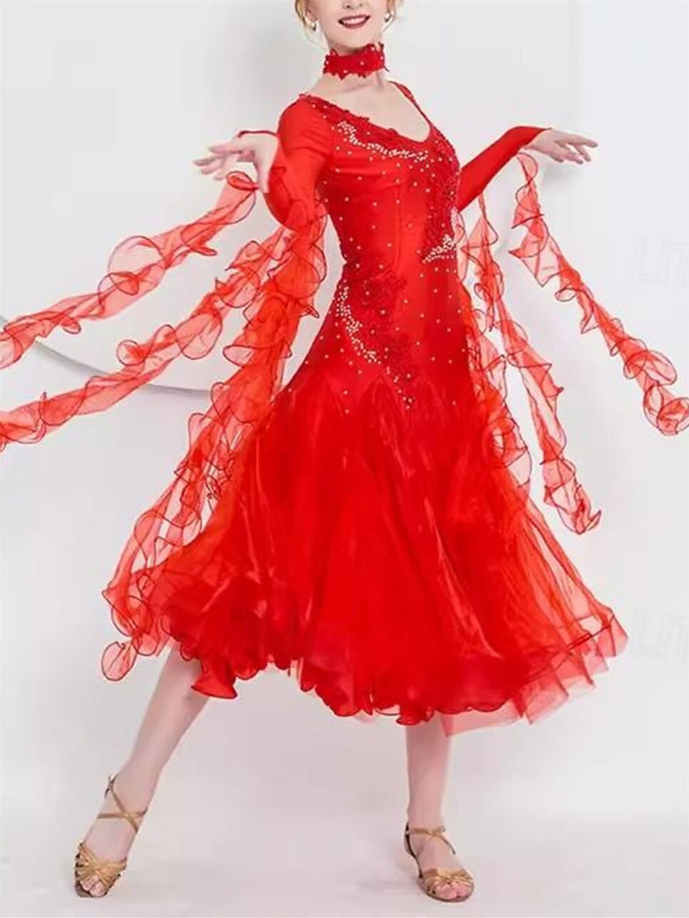 Women's Ballroom Dance Dress Modern Waltz Tango Dancing Clothes Long Sleeve Dance Dress, Red / S