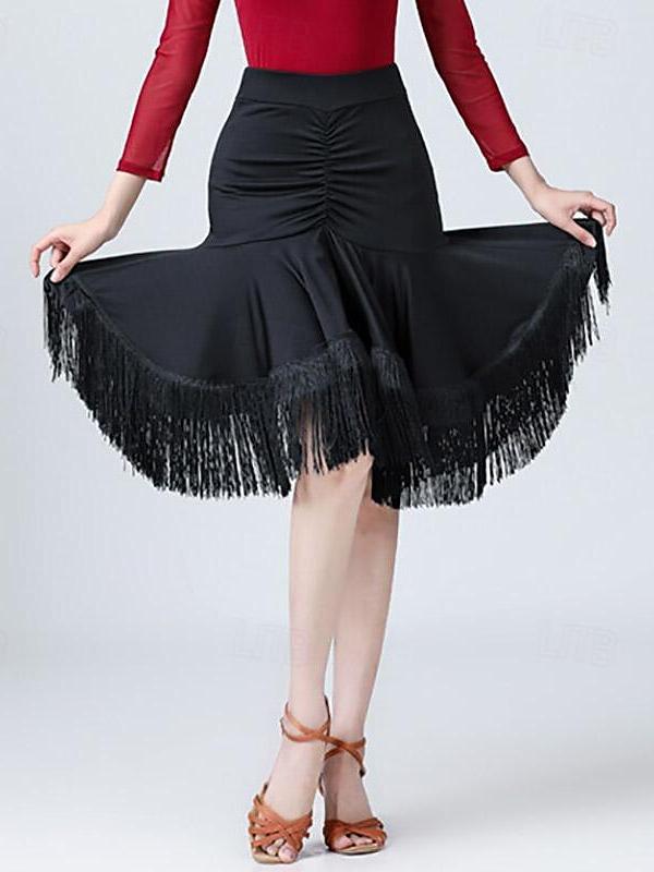 Latin Dance High Elastane  Tassel Pure Color Splicing Women's Performance Training Dance Skirts