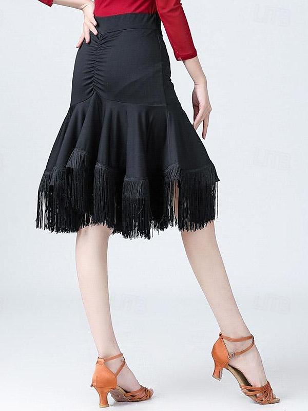 Latin Dance High Elastane  Tassel Pure Color Splicing Women's Performance Training Dance Skirts