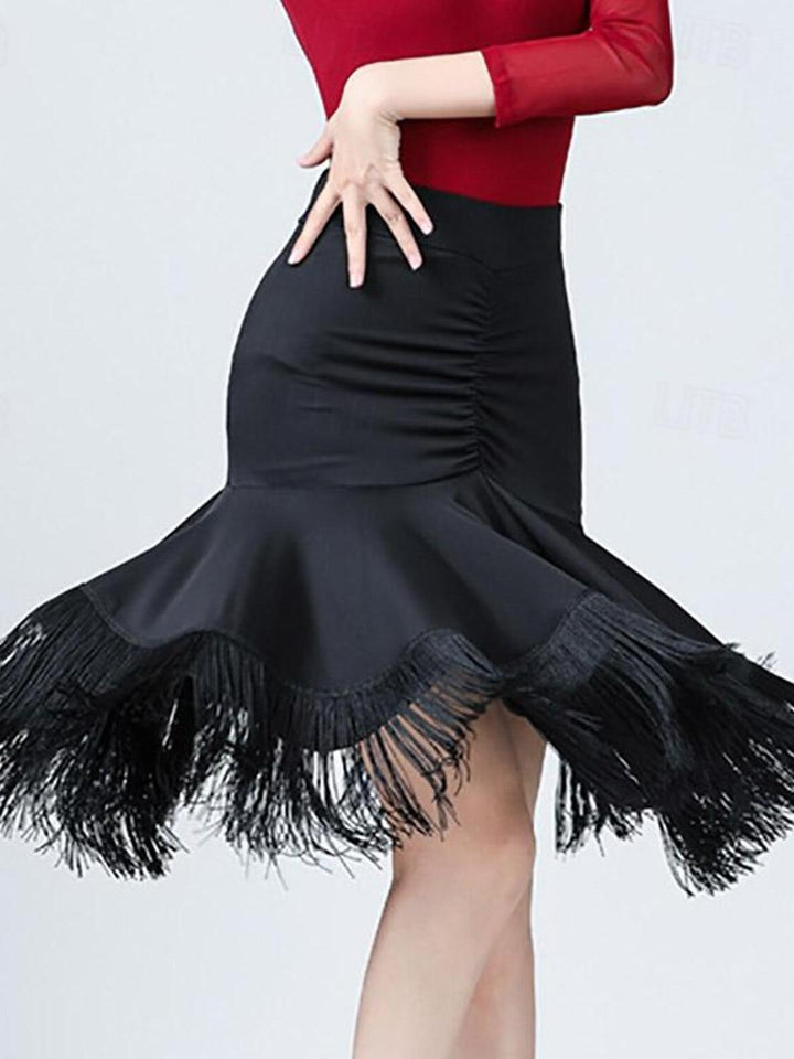 Latin Dance High Elastane  Tassel Pure Color Splicing Women's Performance Training Dance Skirts