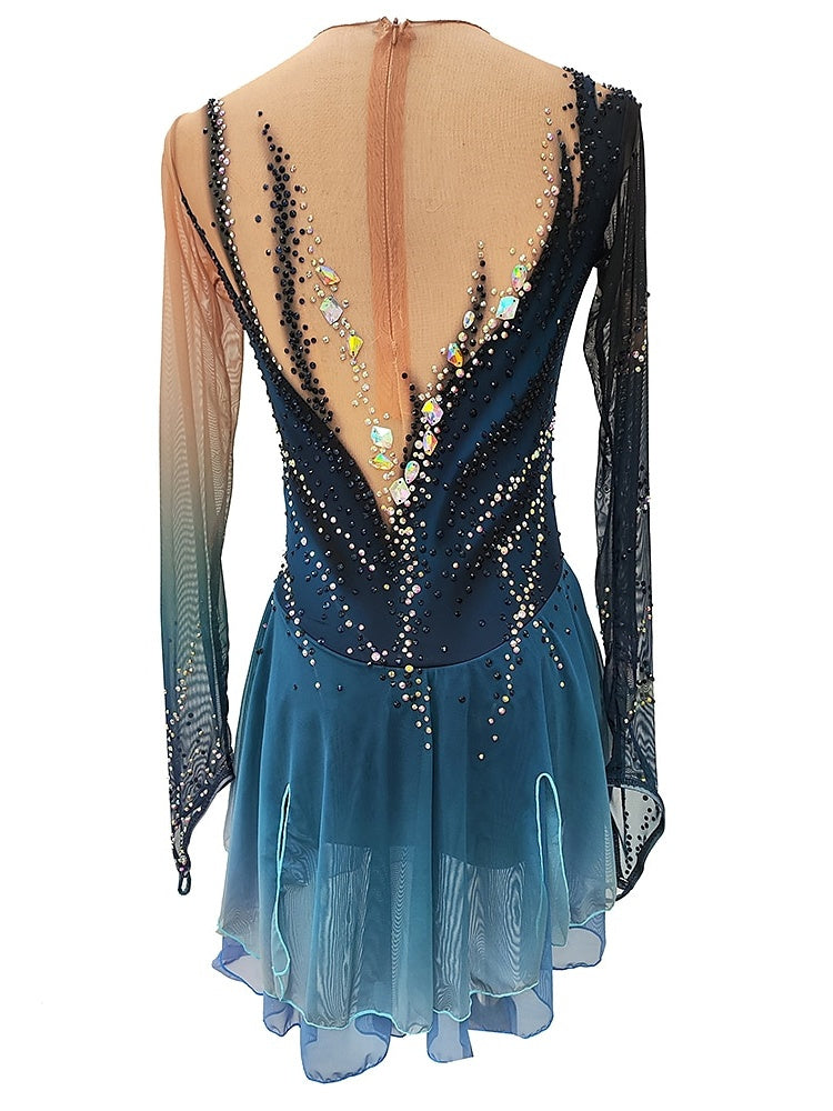 Figure Skating Dress Women's Girls' Ice Skating Dress Dark Blue Elasticity Professional Competition Skating Wear Thermal Warm Crystal / Rhinestone