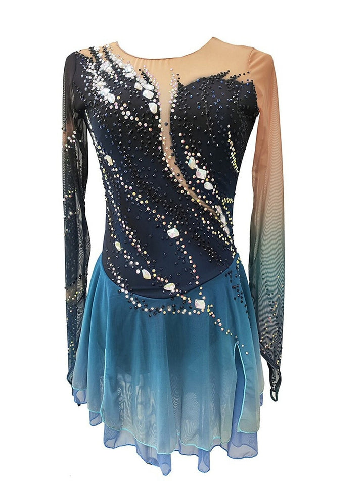 Figure Skating Dress Women's Girls' Ice Skating Dress Dark Blue Elasticity Professional Competition Skating Wear Thermal Warm Crystal / Rhinestone Long Sleeve Ice Skating