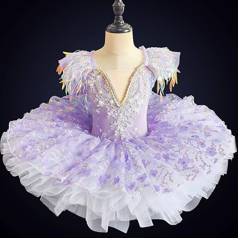 Kids' Dancewear Ballet Short Sleeve Dance Costumes Dress Pearls Splicing Paillette Girls' Performance Party