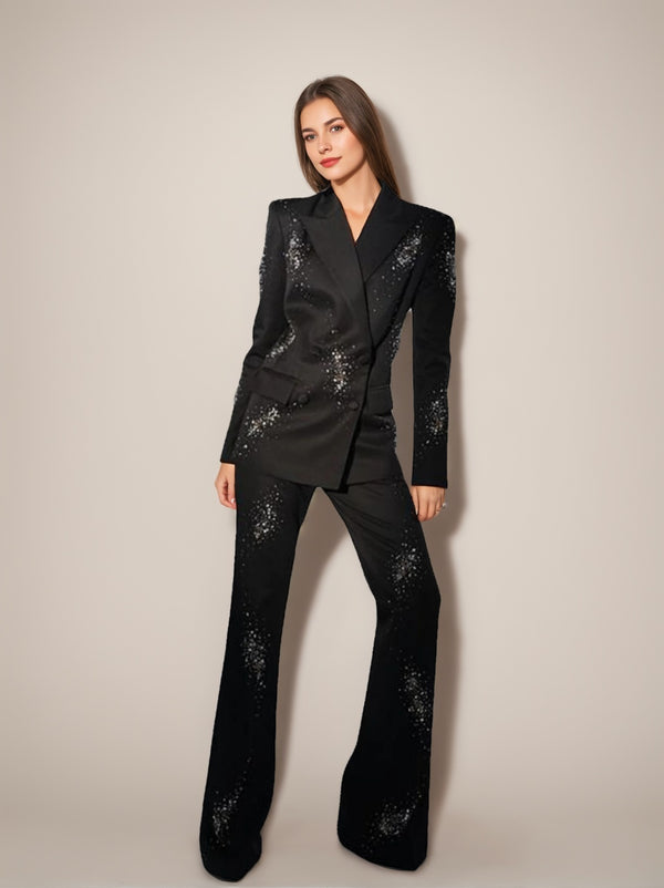 Women's Sparkly Black Double-Breasted Peak Lapel Suits