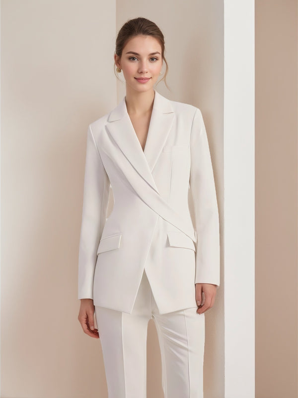Women's White Long Sleeves Asymmetric Blazer