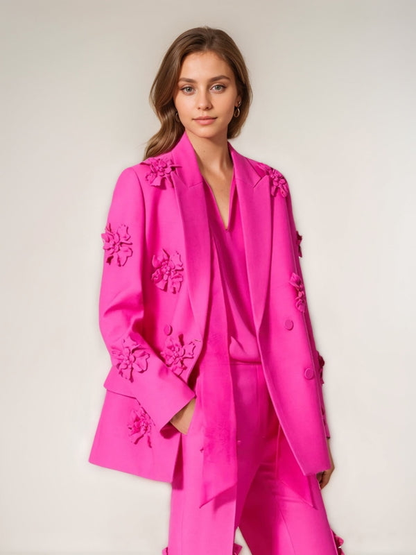Women's Fuchsia Double Breated Peak Lapel  Blazer with Flowers