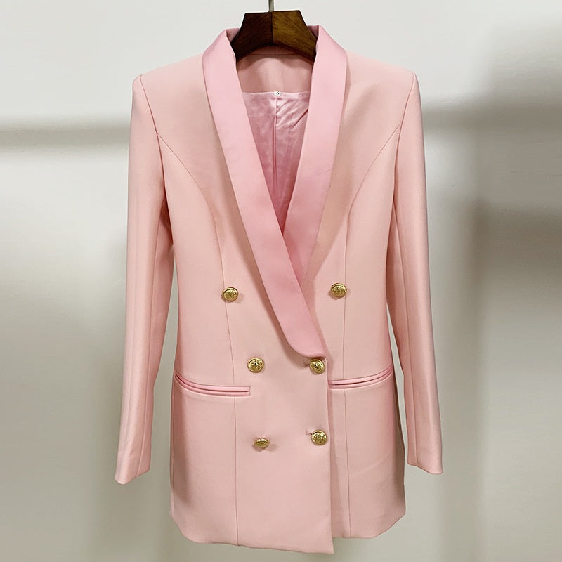 satin lapel blazer dress Women's Pink Woven Tailored Satin Lapel Blazer Dress