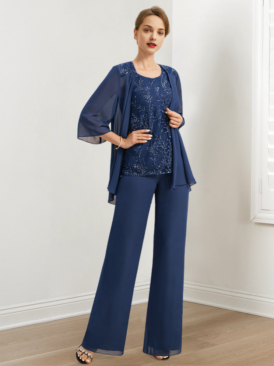 Chiffon Mother of the Bride Pantsuits with Sequins & Jacket