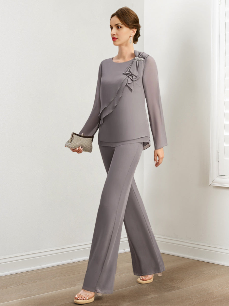 Chiffon Mother of the Bride Pantsuits with Beading & Ruffles