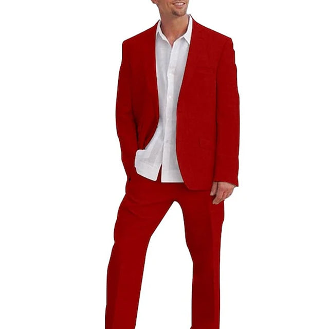 Men's Tailored Fit Single Breasted Two-buttons 2 Pieces Solid Colored Linen Suits