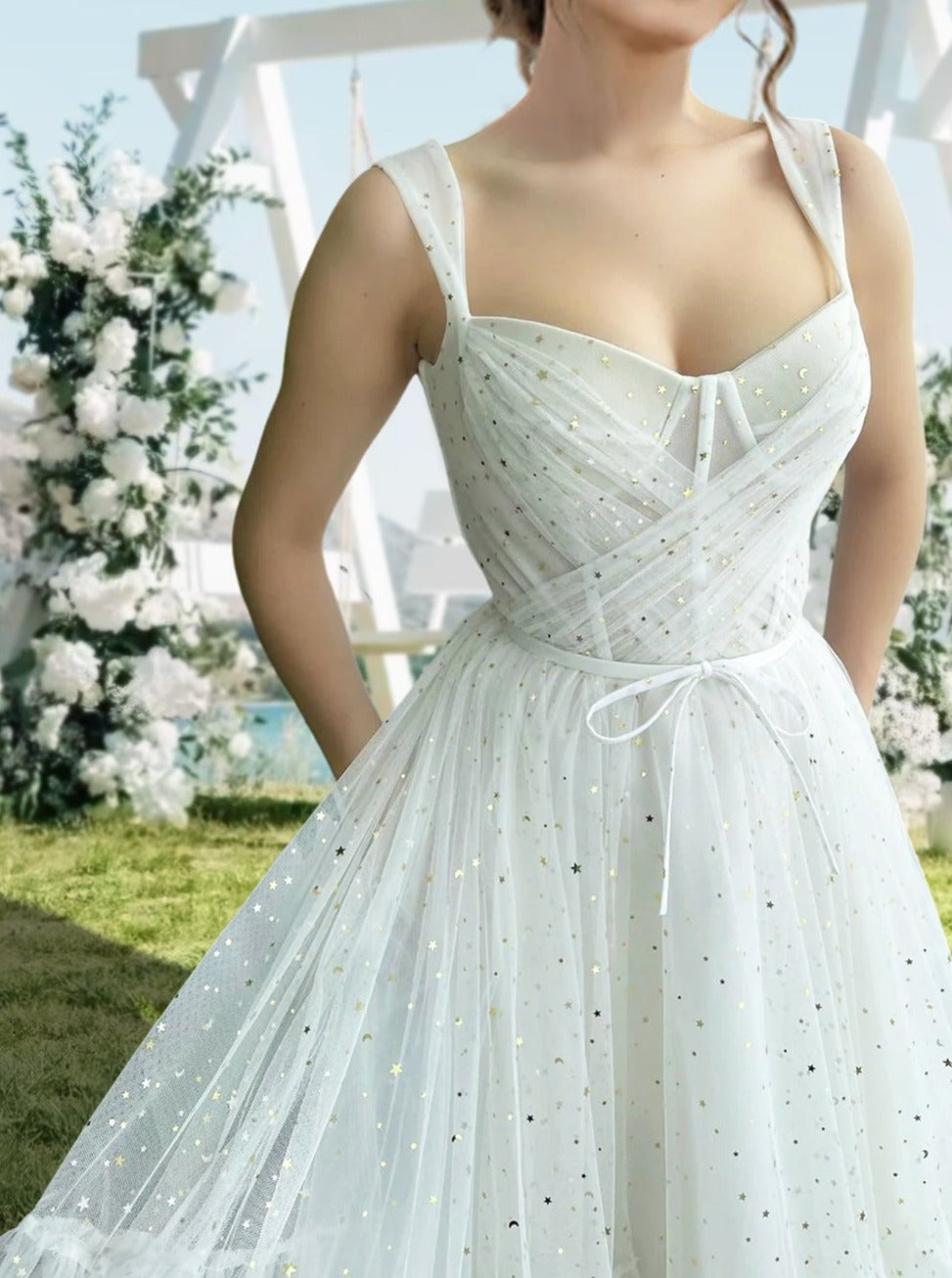 A-Line/Princess Straps Sleeveless Long Formal Prom Dresses With Spot