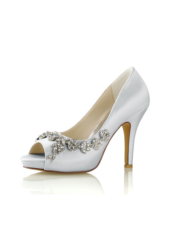 Women's Wedding Shoes Satin High Heel Peep Toe Rhinestone Bridal Shoes