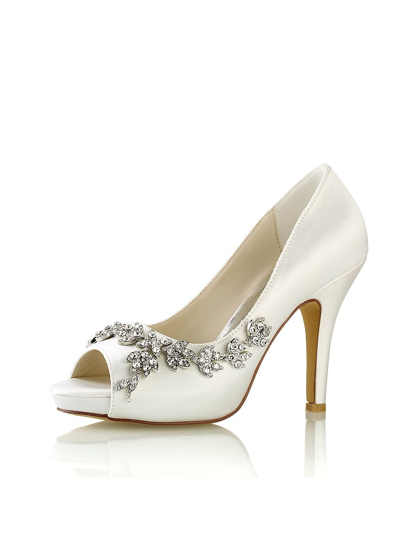 Women's Wedding Shoes Satin High Heel Peep Toe Rhinestone Bridal Shoes