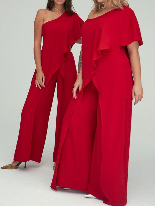 Jumpsuit/Pantsuit 1/2 Sleeves One-Shoulder Floor-Length Wedding Guest Dresses