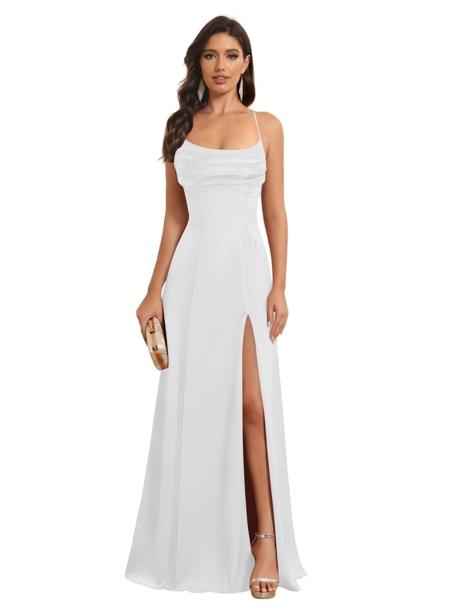 A-Line/Princess Spaghetti Straps Sleeveless Floor Length Bridesmaid Dresses Satin With Split Slide