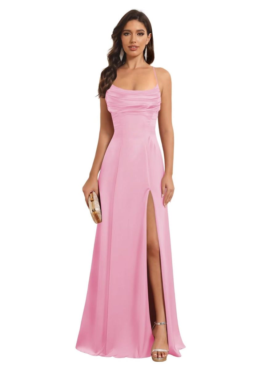 A-Line/Princess Spaghetti Straps Sleeveless Floor Length Bridesmaid Dresses Satin With Split Slide