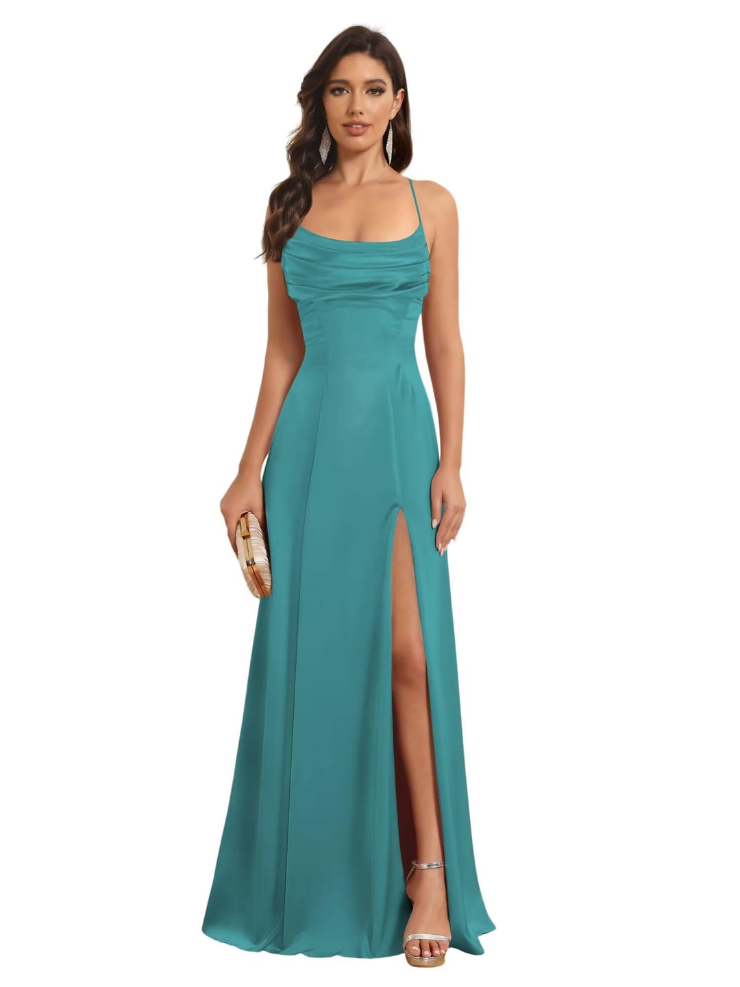 A-Line Spaghetti Straps Sleeveless Floor Length Bridesmaid Dresses Satin With Split Slide