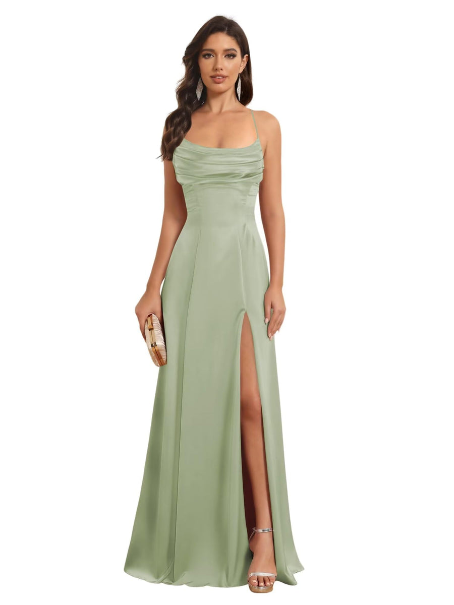 A-Line/Princess Spaghetti Straps Sleeveless Floor Length Bridesmaid Dresses Satin With Split Slide
