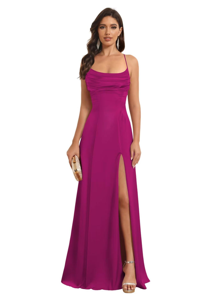 A-Line Spaghetti Straps Sleeveless Floor Length Bridesmaid Dresses Satin With Split Slide