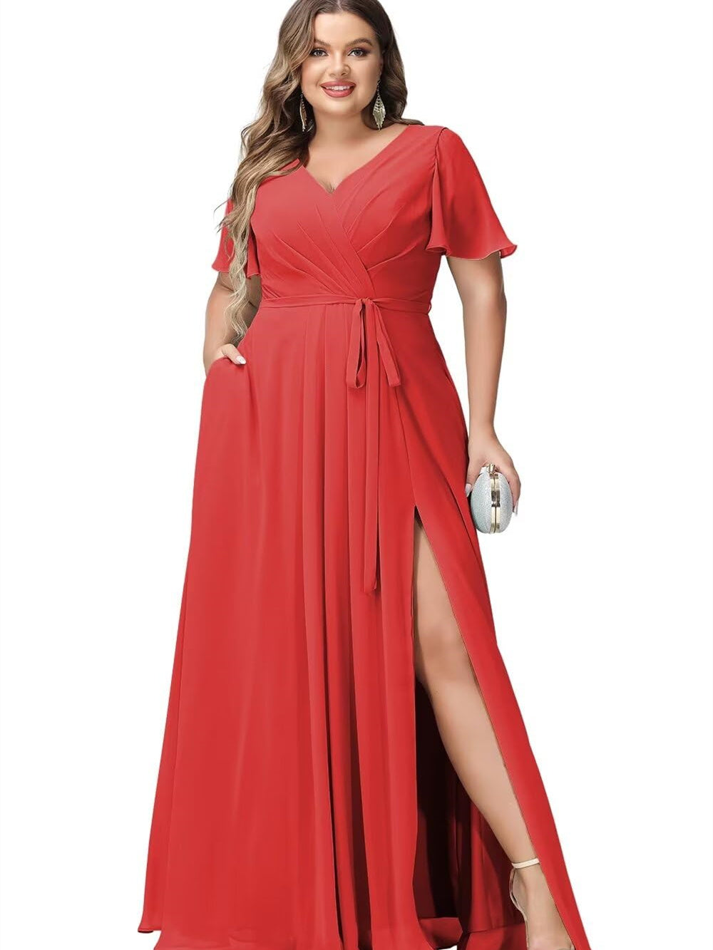 A Line/Princess Chiffon V-Neck Short Sleeves Floor-Length Bridesmaid Dresses