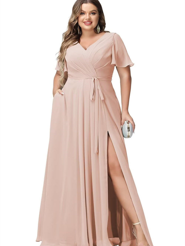 A Line/Princess Chiffon V-Neck Short Sleeves Floor-Length Bridesmaid Dresses