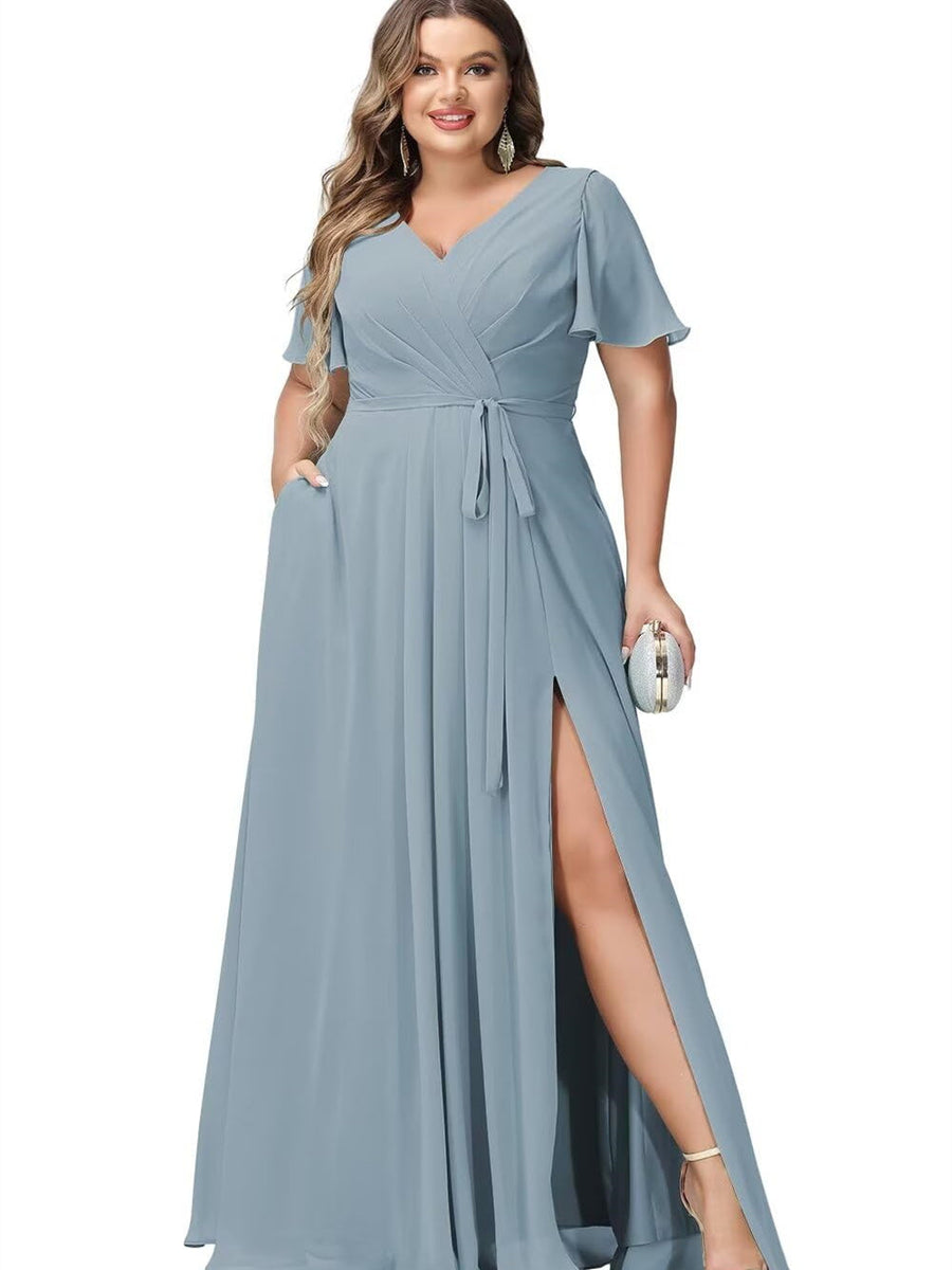 A-Line/Princess Chiffon V-Neck Short Sleeves Floor-Length Bridesmaid Dresses