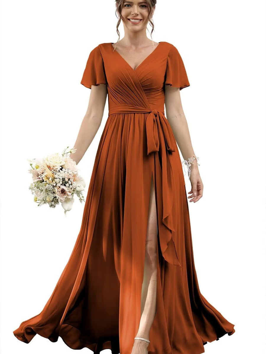 A-Line/Princess Chiffon V-Neck Short Sleeves Floor-Length Bridesmaid Dresses
