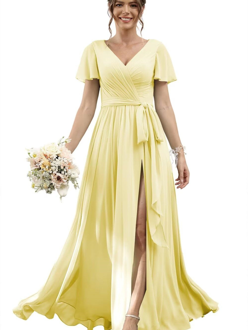 A Line/Princess Chiffon V-Neck Short Sleeves Floor-Length Bridesmaid Dresses