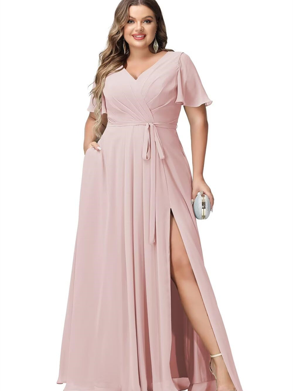 A Line/Princess Chiffon V-Neck Short Sleeves Floor-Length Bridesmaid Dresses