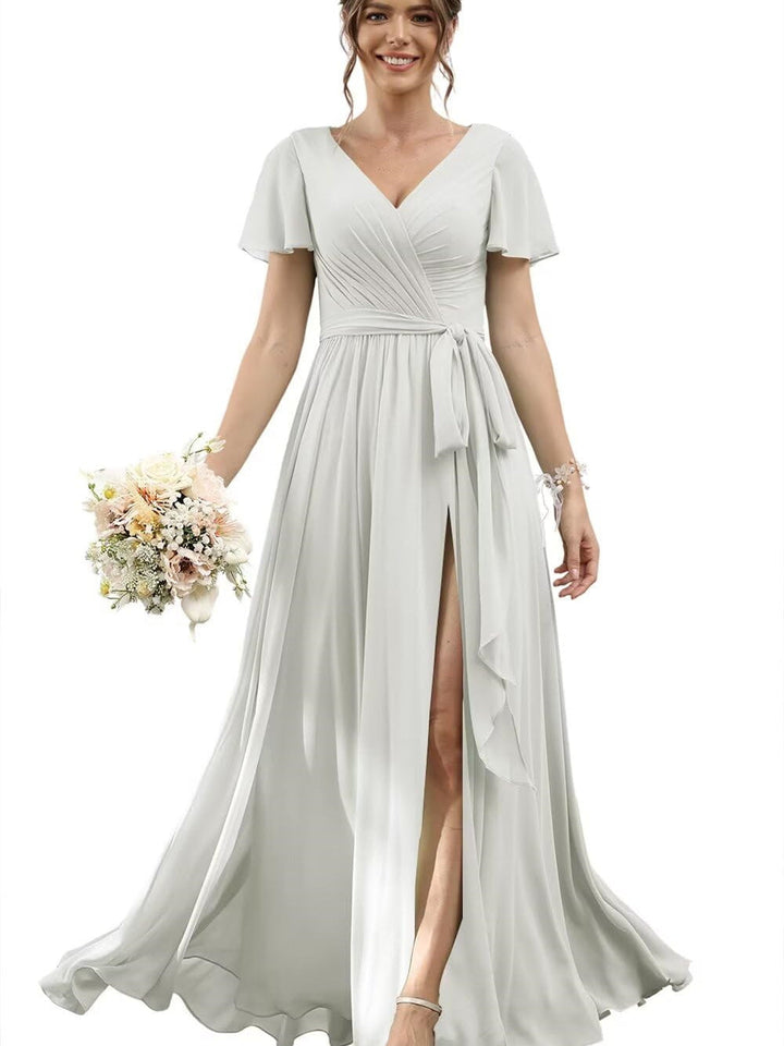 A Line/Princess Chiffon V-Neck Short Sleeves Floor-Length Bridesmaid Dresses