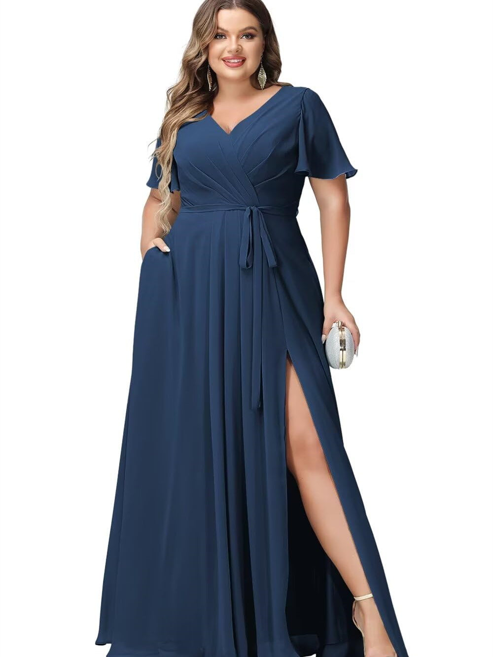 A Line/Princess Chiffon V-Neck Short Sleeves Floor-Length Bridesmaid Dresses