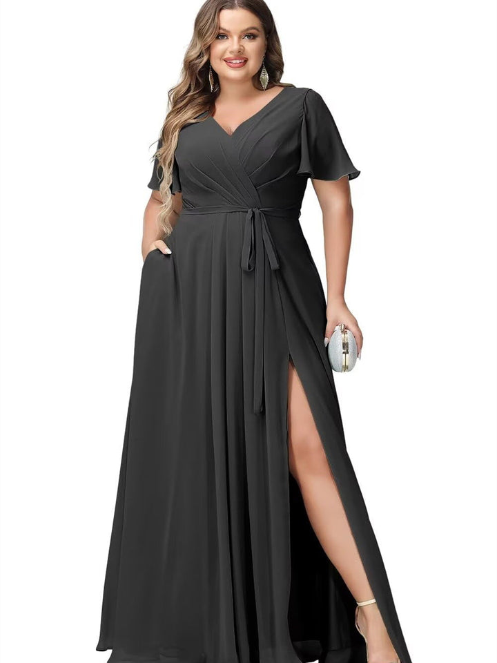 A Line/Princess Chiffon V-Neck Short Sleeves Floor-Length Bridesmaid Dresses