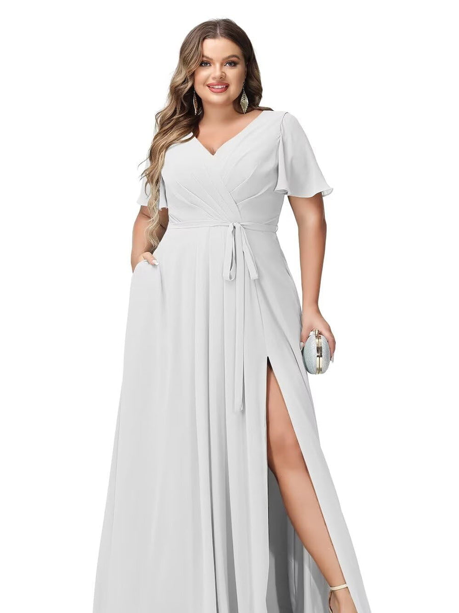 A-Line/Princess Chiffon V-Neck Short Sleeves Floor-Length Bridesmaid Dresses