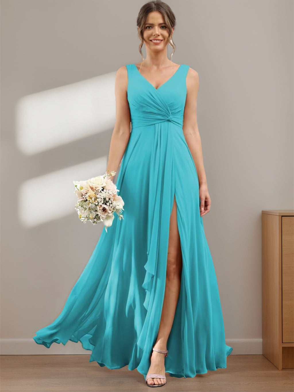 2026 Bridesmaid Dresses Chiffon Women's A-Line V-Neck Sleeveless Floor-Length Formal Evening Gowns with Split Side, Aqua Blue