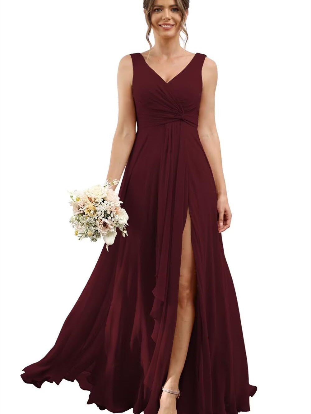 A Line/Princess Chiffon V-Neck Short Sleeves Floor-Length Bridesmaid Dresses