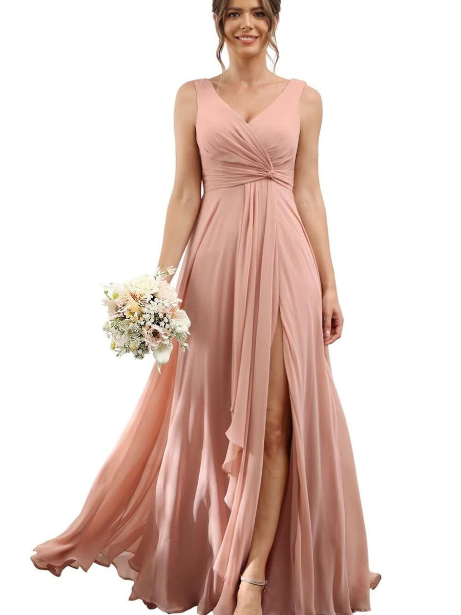 A-Line/Princess Chiffon V-Neck Short Sleeves Floor-Length Bridesmaid Dresses