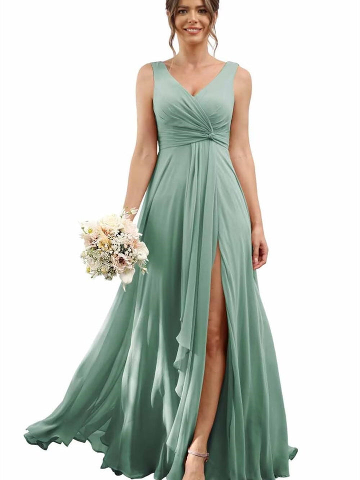 A Line/Princess Chiffon V-Neck Short Sleeves Floor-Length Bridesmaid Dresses