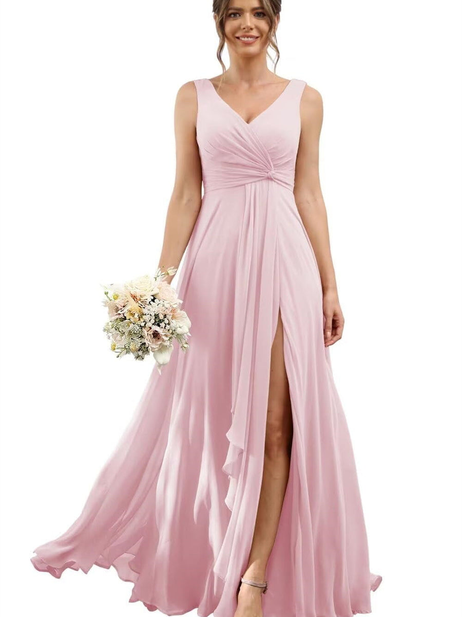 A-Line/Princess Chiffon V-Neck Short Sleeves Floor-Length Bridesmaid Dresses
