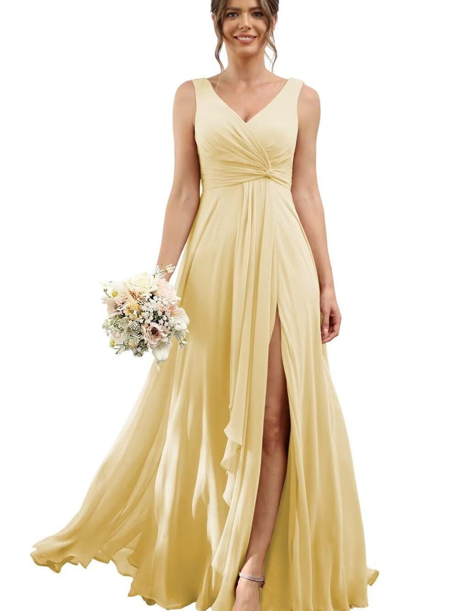 A-Line/Princess Chiffon V-Neck Sleeveless Floor-Length Bridesmaid Dresses