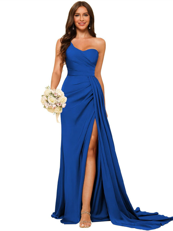 A Line/Princess Satin One-shoulder Sleeveless Floor-Length Bridesmaid Dresses