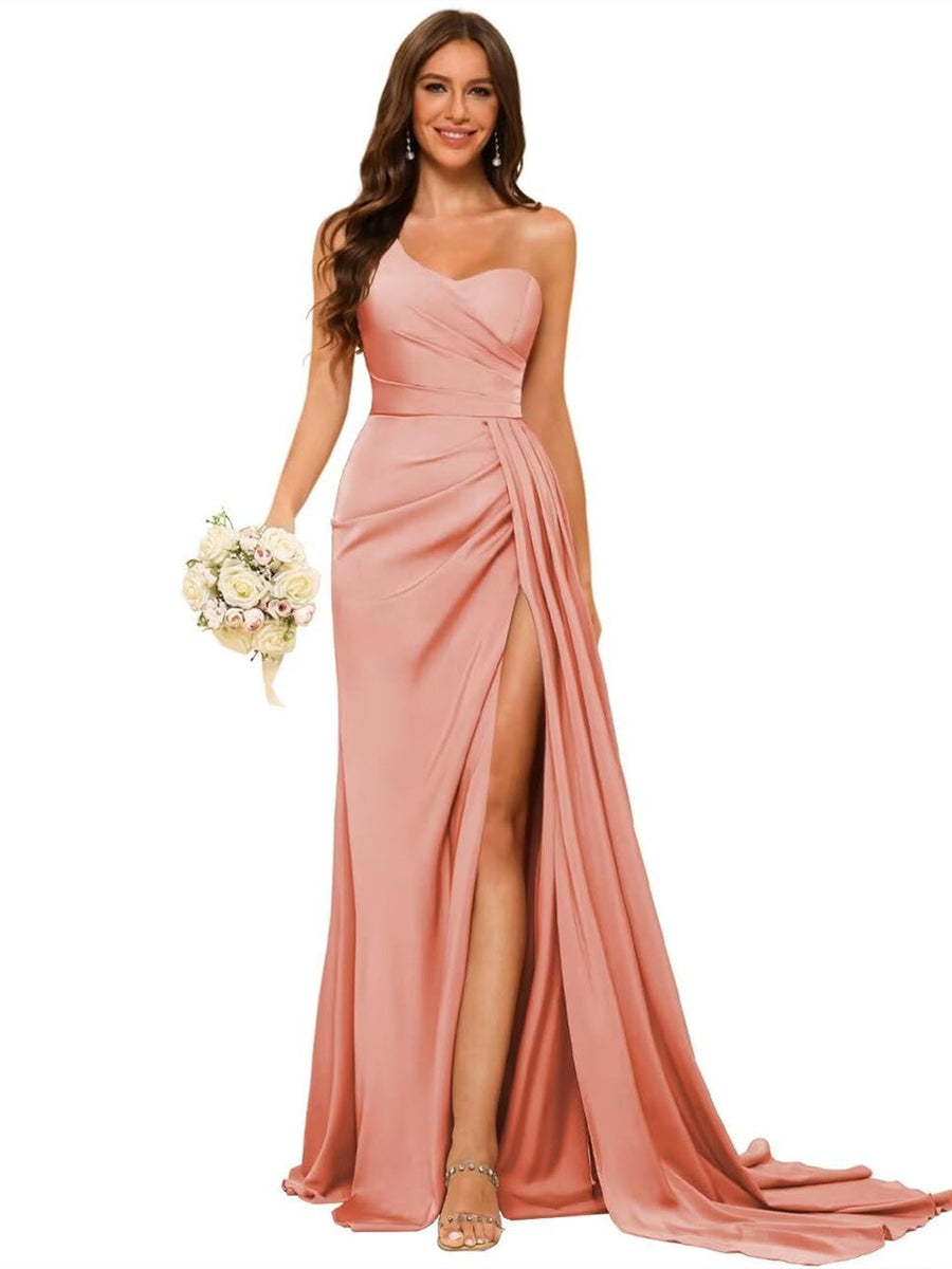 A-Line/Princess Satin One-shoulder Sleeveless Floor-Length Bridesmaid Dresses