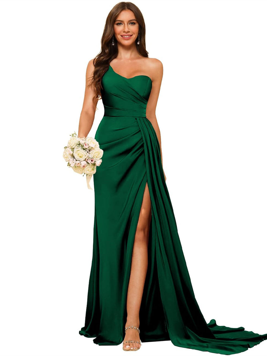 A-Line/Princess Evening Dresses Satin One Shoulder Sleeveless Floor-Length Ruched