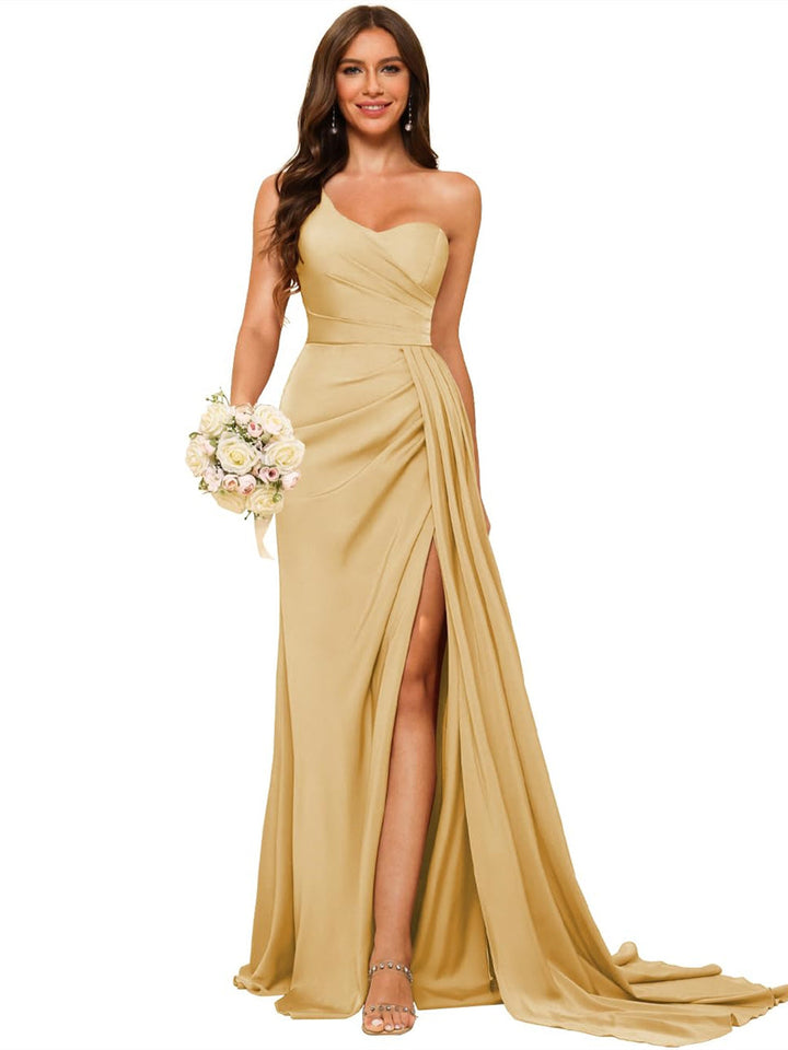 A Line/Princess Satin One-shoulder Sleeveless Floor-Length Bridesmaid Dresses