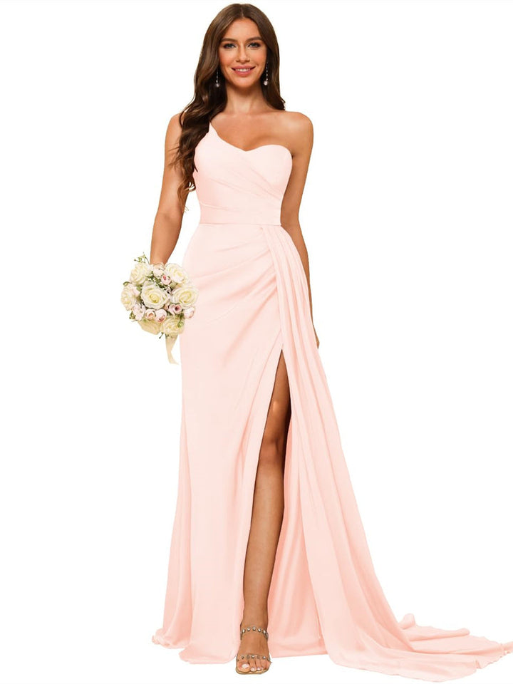 A Line/Princess Satin One-shoulder Sleeveless Floor-Length Bridesmaid Dresses